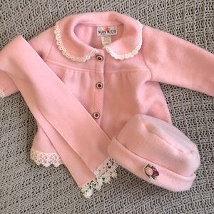 3 pc. Baby girl fuzzy felt jacket/ hat/ scarf with lace trim